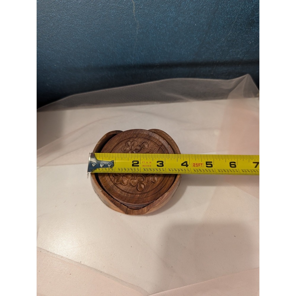 Carved Wooden Coaster Set with Holder & Brass Inlay Floral Detail - Picture 12 of 12